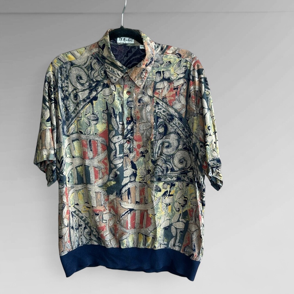 D'Avila Men's Vintage Shirt Ribbed Knit Hem Artistic Indie Sleaze Disco Large